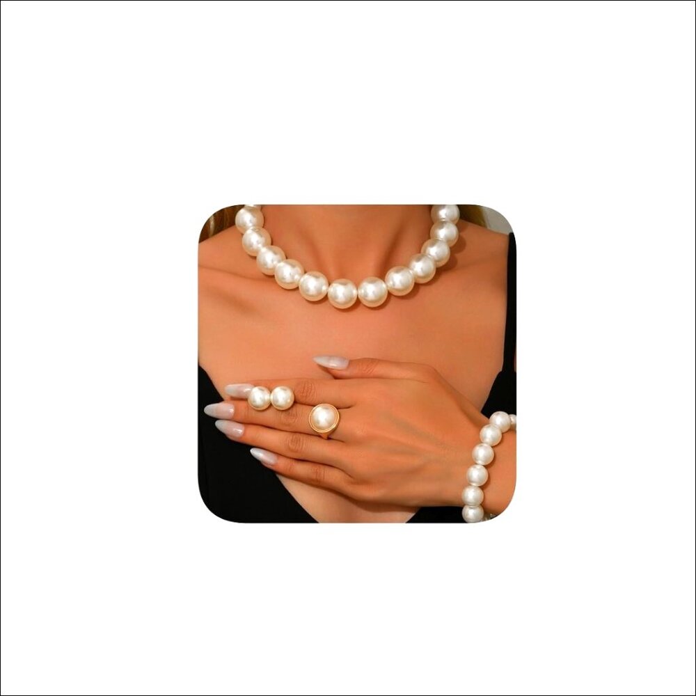 4-Piece Faux Pearl Jewelry Set Earrings Necklace Bracelet Ring Statement